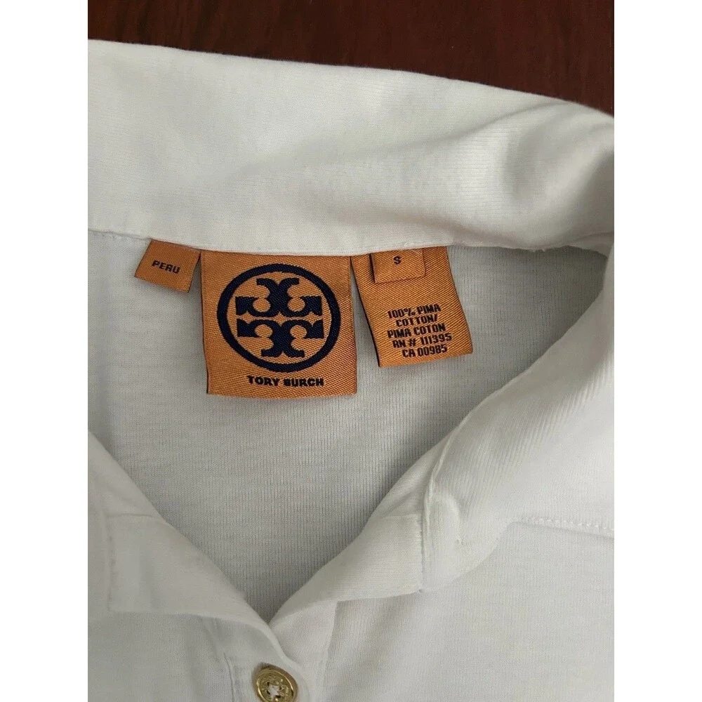 Tory Burch Small Fitted Polo Top White Short Sleeve Collar Shirt Gold Buttons